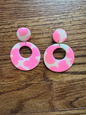 Blush Daisy pink cow print round mod hoop earrings